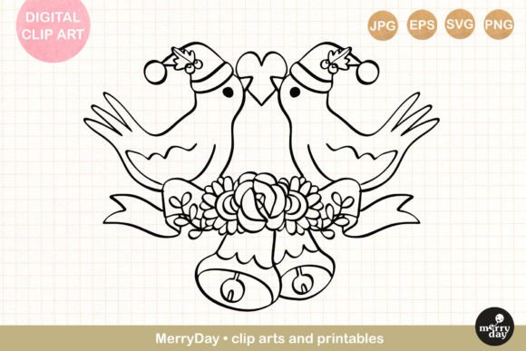 Christmas Birds and Bells Line Art for Editorial Graphics